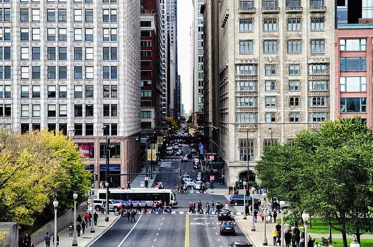 град, улица, Чикаго, градски пейзаж, сграда, трафик, HD тапет