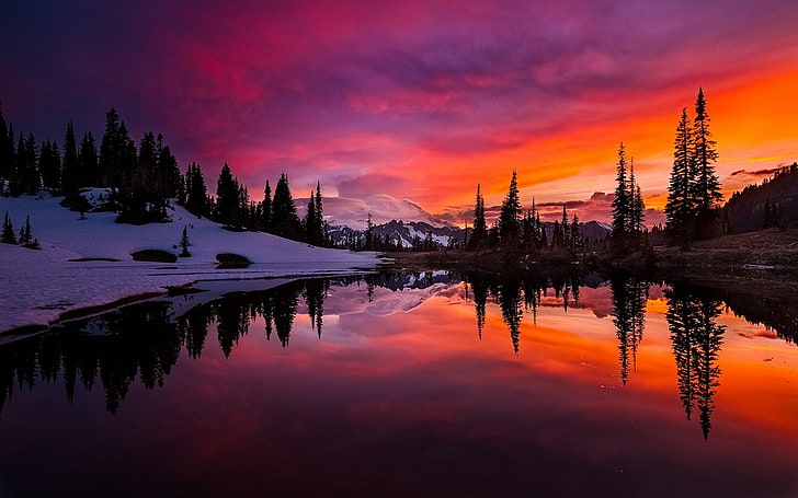lago, tramonto, montagne, foresta, cielo, acqua, neve, riflesso, alberi, nuvole, colorato, stato di Washington, paesaggio, natura, Sfondo HD