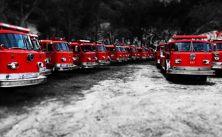 Fire Trucks - Red Black White, firetruck lot, Cars, Other Cars, tilt-shift, HD wallpaper