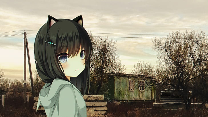 anime, anime girls, anime_irl, wasteland, Russia, cat girl, neko ears, sad, HD wallpaper