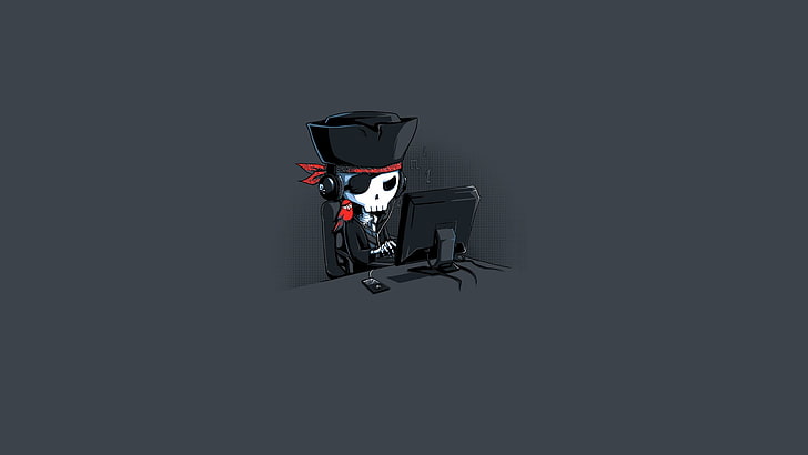 esqueleto pirata de dibujos animados, ilustraciones, piratas, fondo simple, cráneo, minimalismo, computadora, Fondo de pantalla HD