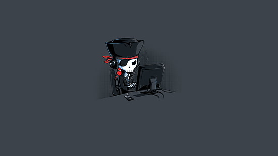 dessin animé pirate squelette, œuvres d'art, pirates, fond simple, crâne, minimalisme, ordinateur, Fond d'écran HD HD wallpaper