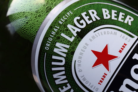 macro, estrella, botella, cerveza, etiqueta, Heineken, Fondo de pantalla HD HD wallpaper