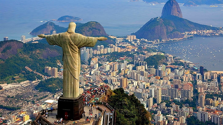Христос-Искупитель Рио, Бразилия, море, горы, дома, залив, статуя, Бразилия, Рио-де-Жанейро, Христос, HD обои