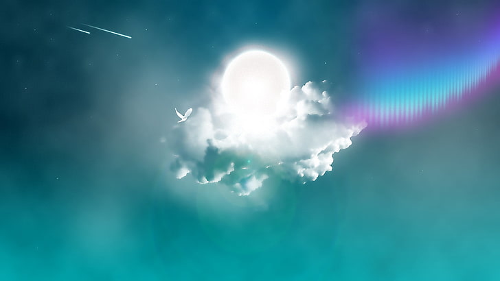 white clouds illustration, clouds, dove, sun, HD wallpaper