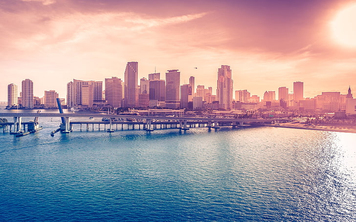 иллюстрация моста, вид на город в дневное время, Майами, городской пейзаж, здание, мост, небоскреб, город, HD обои