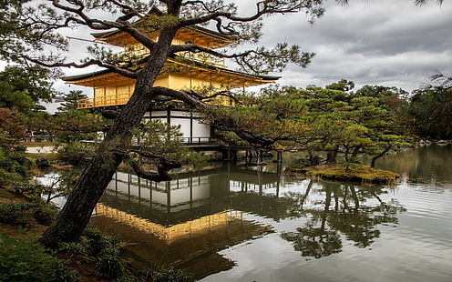 бежевый, белый и черный храм, Киото, Япония, храм, природа, пейзаж, HD обои HD wallpaper