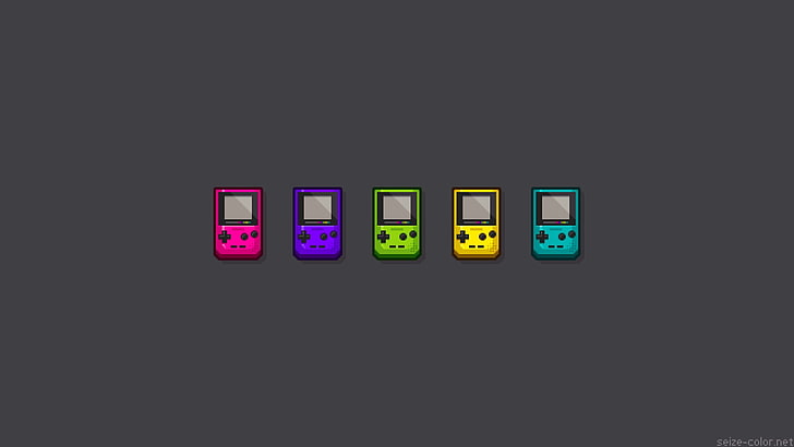 пет различни цветове Nintendo GameBoy Colors илюстрация, GameBoy Color, GameBoy, пиксел арт, HD тапет