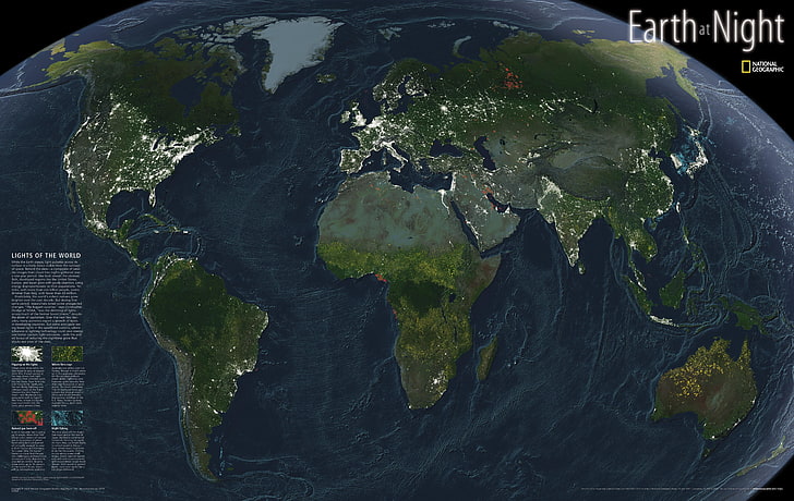 Earth Night chanel, Земя, National Geographic, информация, светлини, нощ, карта, HD тапет