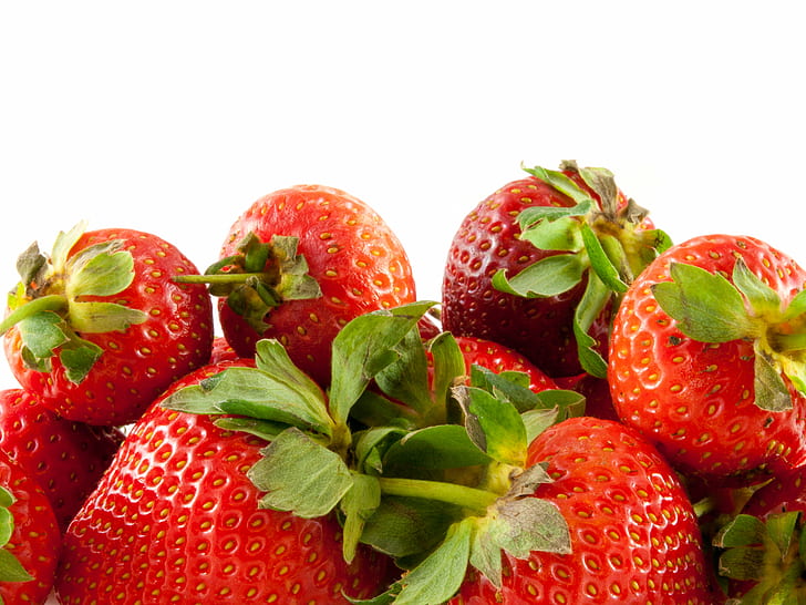 bunch of strawberries, strawberries, Strawberries, bunch, 60mm, Olympus E-3, Zuiko Digital, digital-camera, digital-slr, fruit, indoors, juicy, red, strawberry, white, background, freshness, food, ripe, organic, close-up, berry Fruit, gourmet, dessert, nature, refreshment, healthy Eating, HD wallpaper