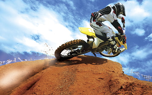 Motociclista, moto de sujeira de motocross amarelo e preto, esportes, papéis de parede de esportes, HD papel de parede HD wallpaper
