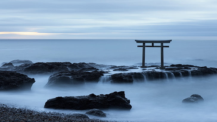 Japoński, torii, Japonia, bramy, wybrzeże, morze, Tapety HD
