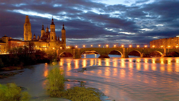 zaragoza, night, bridge, over the river, ebro basilica, river, city, HD wallpaper