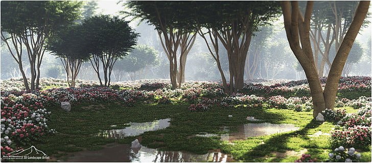 albero a foglie verdi, fiori, alberi, 3D, natura, render, CGI, arte digitale, Sfondo HD