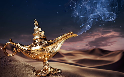 Modelli magici della lampada, illustrazione della lampada del genio dell'oro, sfondo, deserto, magia, lampada, modelli, immagini, Sfondo HD HD wallpaper