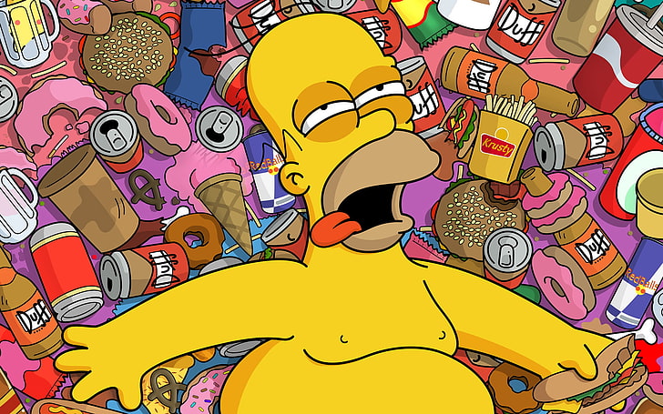 Bert Simpson illustration, The Simpsons, Homer Simpson, donut, beer, food, humor, cartoon, tongue out, open mouth, fast food, HD wallpaper