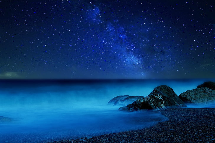 mavi su kütlesi, deniz, gökyüzü, yıldızlar, gece, sis, samanyolu, HD masaüstü duvar kağıdı