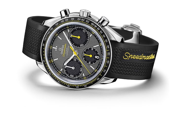 Omega Speedmaster Uhren-Werbung HD Wallpaper .., runde schwarz-silberfarbene Chronographenuhr, HD-Hintergrundbild