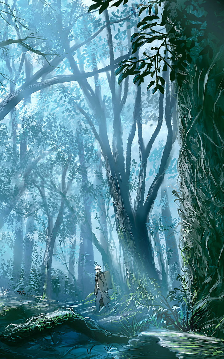 Ilustración de árboles de hojas verdes, bosque, obras de arte, anime, Mushishi, pantalla de retrato, Fondo de pantalla HD, fondo de pantalla de teléfono