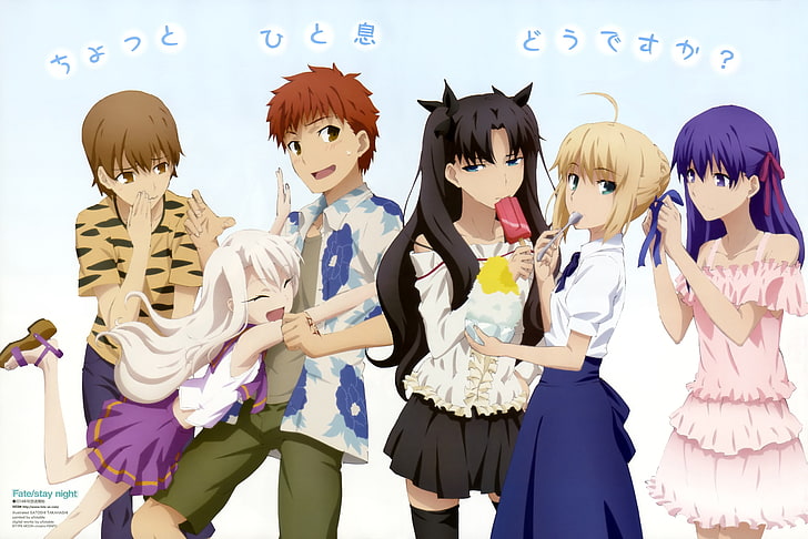cinco personagens de anime, Fate Series, Fate / Stay Night, Saber, Shirou Emiya, Tohsaka Rin, Sakura Matou, Illyasviel de Einzbern, Fujimura Taiga, Matou Sakura, HD papel de parede
