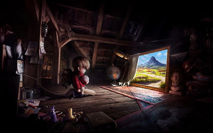 chłopiec siedzący na brązowej drewnianej podłodze cyfrowe zdjęcie, poszukiwacze przygód, strychy, globusy, świece, radio, dywany, miecz, malarstwo, kot, Saga Wormworld, Tapety HD