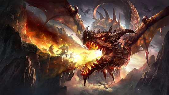 Fantasía, Dragón, Batalla, Ataque de Dragón, Wyvern, Fondo de pantalla HD HD wallpaper