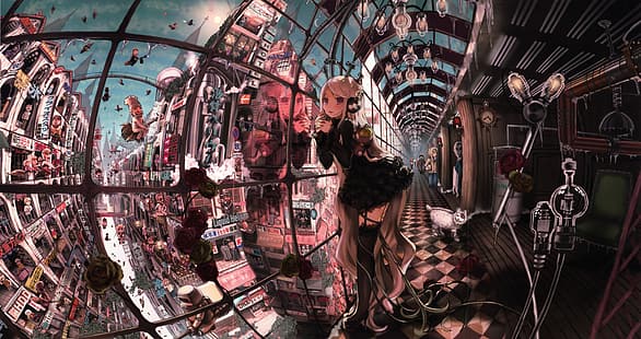  steampunk, gothic lolita, anime, anime girls, city, HD wallpaper HD wallpaper