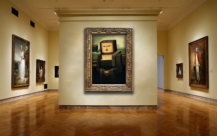 box head Mona Lisa painting with brown wooden frame, boxed Mona Lisa painting, Minecraft, Mona Lisa, HD wallpaper