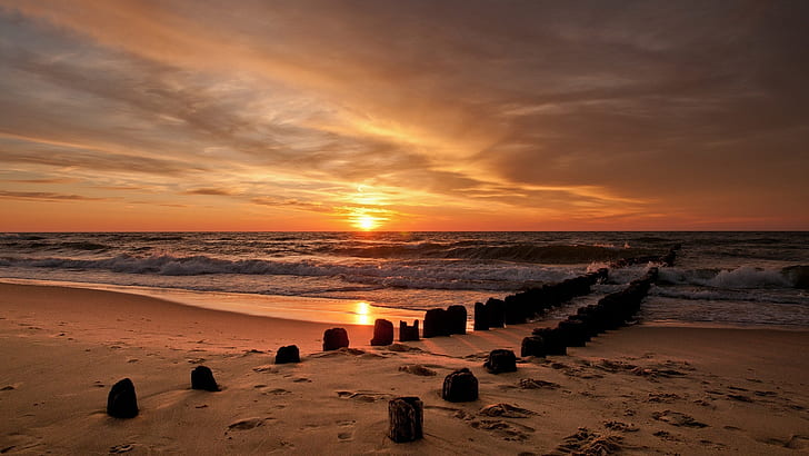 Posty Beach Ocean Sunset HD, przyroda, ocean, zachód słońca, plaża, posty, Tapety HD