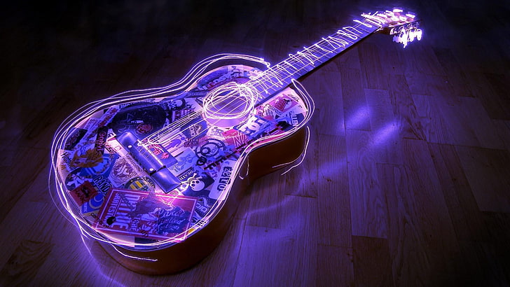 chitarra, musica, neon, violetto, fluorescente, felice, audace, carino, stimolante, Sfondo HD