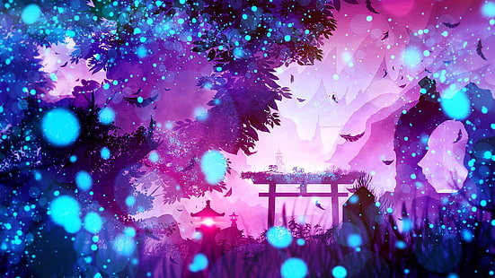 Fantasy, Landscape, Blue, Lantern, Nature, Purple, Shrine, HD wallpaper HD wallpaper