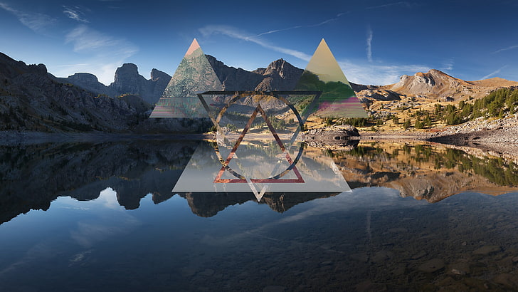 szara góra, spokojny zbiornik wodny otoczony brązową formacją skalną, abstrakcja, krajobraz, trójkąt, sztuka cyfrowa, Tapety HD