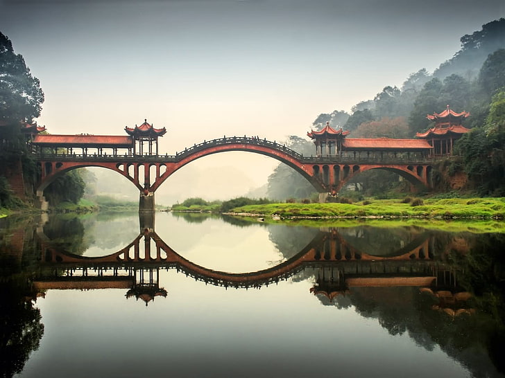 bridge, reflection, landscape, China, Sichuan, HD wallpaper