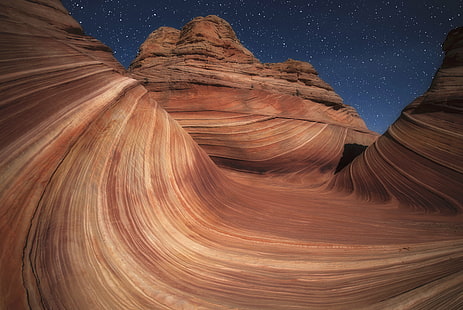 Волна, пустыня, Аризона, песчаник, природа, пейзаж, США, каньон, сцены, геология, эрозия, скала - объект, Юта, юго-запад США, красный, путешествие, Навахо, коричневая гора с голубым небом, HD обои HD wallpaper