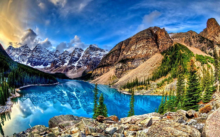 湖、モレーン湖、アルバータ、バンフ国立公園、カナダ、湖、風景、山、ピーク、反射、ロッキー山脈、渓谷、10の峰の谷、 HDデスクトップの壁紙