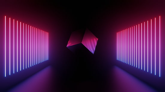 куб, Eevee, Blender, неон, неоновые огни, отражение, аннотация, рендер, современный, простой, HD обои HD wallpaper