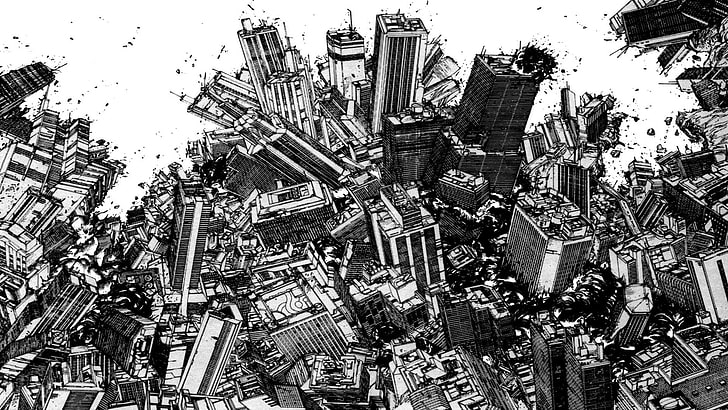 эскиз рухнувшего здания, акира, кацухиро отомо, монохромный фактор, манга, HD обои