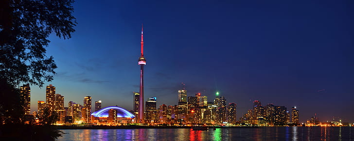 landscape photography of city town near body of water during night time, toronto, toronto, Skyline, Panorama, landscape photography, city, town, body of water, night time, Canada Day, Toronto Island, cityscape, night, urban Skyline, famous Place, architecture, skyscraper, urban Scene, tower, downtown District, built Structure, building Exterior, reflection, asia, sky, dusk, illuminated, HD wallpaper