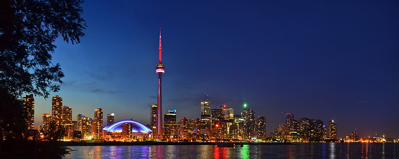 landscape photography of city town near body of water during night time, toronto, toronto, Skyline, Panorama, landscape photography, city, town, body of water, night time, Canada Day, Toronto Island, cityscape, night, urban Skyline, famous Place, architecture, skyscraper, urban Scene, tower, downtown District, built Structure, building Exterior, reflection, asia, sky, dusk, illuminated, HD wallpaper HD wallpaper