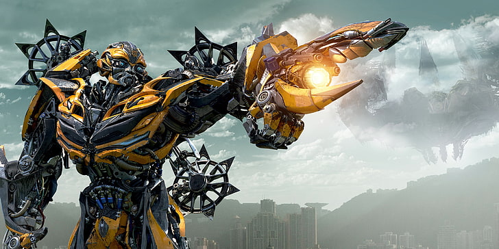 Bumble Bee wallpaper, the sky, yellow, clouds, the city, weapons, home, blade, gun, metal, Bumblebee, Michael Bay, Autobot, Transformers: Age Of Extinction, HD wallpaper