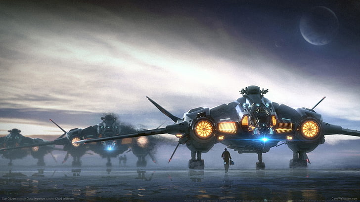 fond d'écran 3D de trois avions noirs, Star Citizen, science-fiction, jeux vidéo, avant-garde, avions militaires, Fond d'écran HD