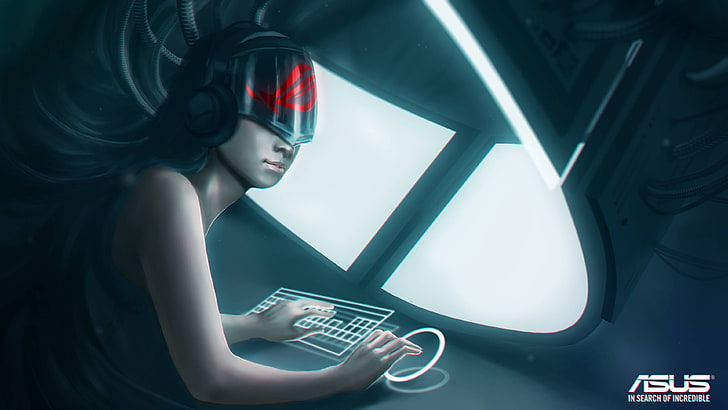 خلفية Asus Republic of Gamers الرقمية ، ASUS ، جمهورية اللاعبين ، مستقبلية ، خوذة ، واقع افتراضي ، عمل فني ، نساء ، خيال علمي، خلفية HD