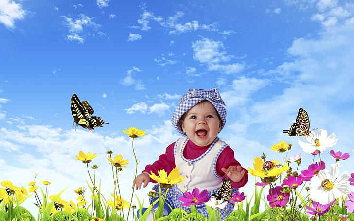 Child, Nature, Boy, Smile, Happy, Sky, Flowers, Butterflies, HD wallpaper
