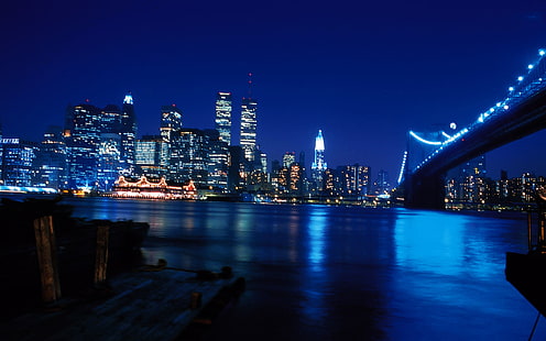 Ню Йорк в синя нощ, градски пейзажи, Ню Йорк, синьо, градски пейзаж, град, HD тапет HD wallpaper