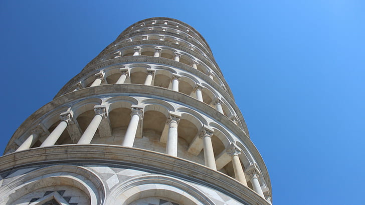 leaning tower, pisa, italy, europe, piazza dei miracoli, tower, architecture, facade, blue sky, bell tower, landmark, building, tourism, columns, leaning tower of pisa, HD wallpaper