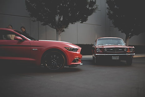 赤いフォードマスタングクーペ、フォードマスタング、フォードマスタング1969、1965フォードマスタング、2015フォードマスタングRTR、車、フォードアメリカ、車両、 HDデスクトップの壁紙 HD wallpaper