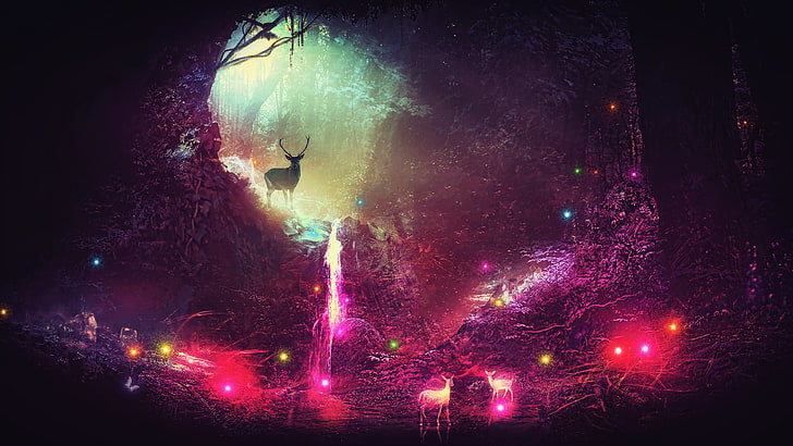 cervo multicolore nella foresta illustrazione, fantasy art, opere d'arte, fan art, acqua, corna, magia, arte digitale, fantascienza, concept art, Sfondo HD