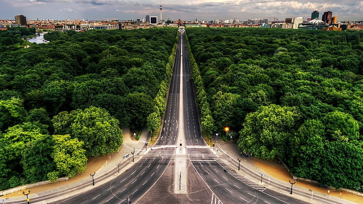 灰色のコンクリート道路、自然、ベルリン、都市景観、公園、長い道、道路、都市、 HDデスクトップの壁紙