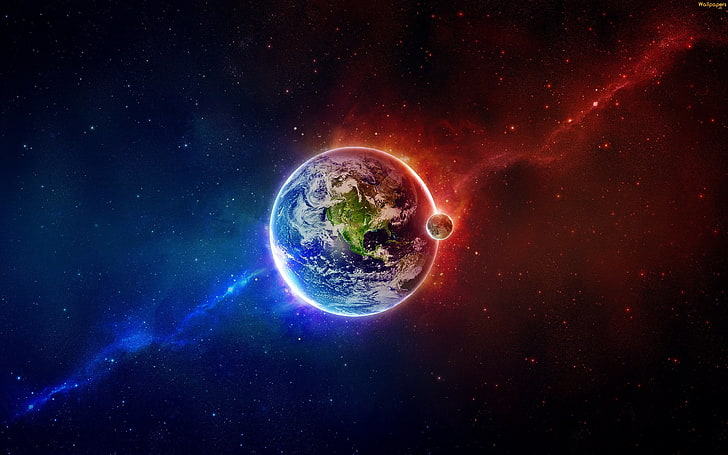 Jour et nuit, illustration de la terre bleue et rouge, 3D, espace, rouge, étoile, bleu, lune, terre, Fond d'écran HD