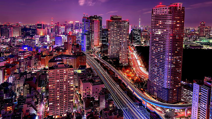 ダウンタウン、港、写真、長時間露光、長時間露光写真、光跡、街の明かり、紫の空、紫の夜、shi留、タワー、空、東京、日本、タワーブロック、アジア、スカイライン、夜、高層ビル、ランドマーク、メトロポリス、shi留シティセンター、 HDデスクトップの壁紙